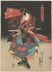 Acteur met rode banier en sandalen