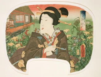 Herfst, Hanayashiki: Een geisha met een pijp, ontwerp voor een waaier uit een set van vier die de seizoenen illustreren