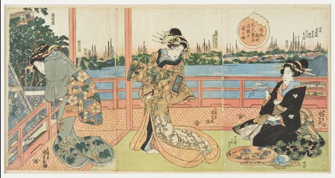 Shinmachi in Osaka: hooggeplaatste courtisanes vermaken zich in restaurant Ukamuse, uit de serie "Beroemde restaurants in de provincies"