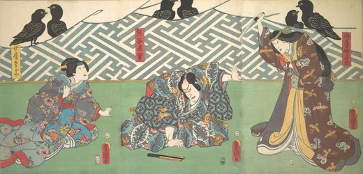 Drie acteurs op het podium: Kumagai Naozane, 1858