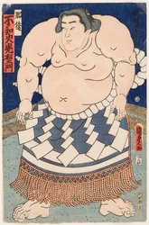 Portret van de sumoworstelaar Shiranui Mitsuemon met een ritueel schort