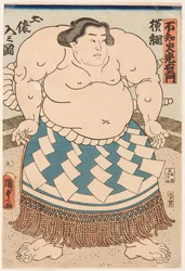 Portret van sumoworstelaar Shiranui Mitsuemon met een ritueel schort
