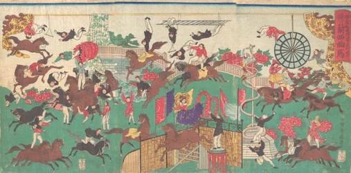 Frans Ruitercircus op het terrein van de Asakusa Kannon-tempel (Asakusa kannon keidai ni...), 1871
