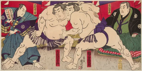 Sumoworstelaars Umegatani Rodachi en Kimura Shonosuke