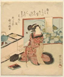 Vrouw wachtend leunend op pijp