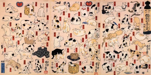 Katten. Uit de serie Drieënvijftig Stations van de Tokaido Drieluik, ca. 1848