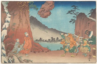 Beknopte geïllustreerde biografie van de monnik Nichiren: Rots op de berg Komuro, opgeschort door de kracht van het gebed