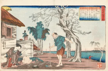 Kakkyo en zijn vrouw die een pot goud opgraven in het gat dat ze aan het graven waren om hun babyzoon te begraven, gesigneerd Ichiyusai Kuniyoshi ga, ca. 1843