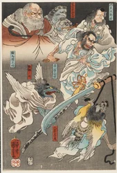 Minamoto Yoshitsune vecht tegen Benkei op de Gojō Brug, met de hulp van tengu demonen