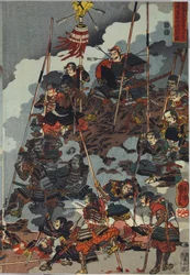 Blad uit een kleur houtblok drieluik print, getiteld Eiroku yonnen kugatsu yokka Kawanakajima kassen ni Yamamoto Kansuke nyūdō no uchijini no zu