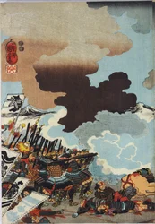 Blad uit een kleur houtblok drieluik print, getiteld Eiroku yonnen kugatsu yokka Kawanakajima kassen ni Yamamoto Kansuke nyūdō no uchijini no zu
