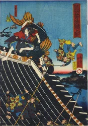 Blad uit een kleurenhoutsnede drieluik, getiteld Horyukaku sho no zu, een scène uit de Hakkenden van Takiwzawa Bakin met een gevecht op het tempeldak tussen Inuzuka Shino