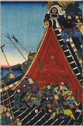 Blad uit een kleurenhoutsnede drieluik, getiteld Horyukaku sho no zu, een scène uit de Hakkenden van Takizawa Bakin die een gevecht op het tempeldak toont tussen Inuzuka Shino