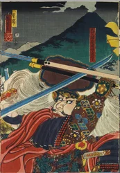 Blad uit een kleuren houtsnede drieluik, getiteld Kawanakajima kassen (De Slag bij Kawanakajima)