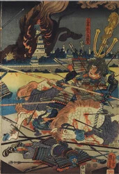 Blad uit een kleuren houtsnede drieluik, getiteld Shinshū Odai kassen no zu (De Slag bij Odai in de Shinano Provincie), met Odai Akarokurō Yorisada die drie mannen spietst terwijl zijn kasteel op de achtergrond brandt: Japan, Edo, door Utagawa Kuniyoshi