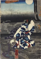 Blad uit een kleurenhoutsnede drieluik getiteld Imayo Teru-uji furudera no kozu (Up-to-date Teruuji in een oude afbeelding in een oude tempel), met een scène in een vervallen tempel bij maanlicht met gescheurde en afbladderende fusuma, met Teru-uji die een