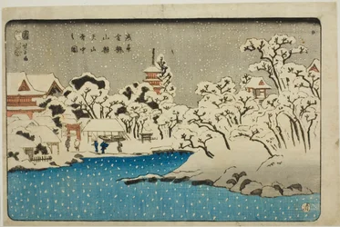 Sneeuw op Benten Hill bij de Kinryuzan-tempel in Asakusa (Asakusa Kinryuzan Bentenyama setchu no zu)