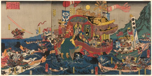 De totale nederlaag van de Taira-clan in de Grote Genpei-oorlog bij Akama Bay in de provincie Nagato