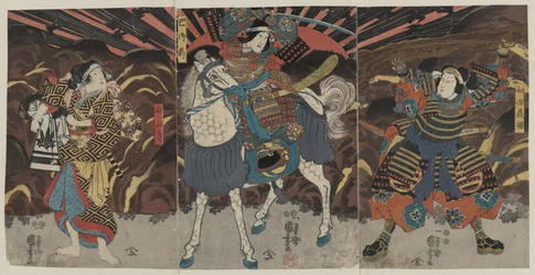 Drie acteurs in de rollen van samoerai Wadai Yoshimori, Tomoe Gozen en Yamabuki