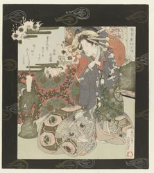 Courtisane bereidt zich voor op de nacht (Acht gezichten op de courtisanenwijk) (Kuruwa hakkei) (series title)