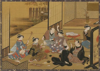 Interieur scène van een feest met geisha en klanten