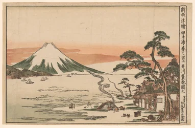 Nieuw Gepubliceerde Perspectiefafbeelding van de Berg Fuji in de Lente vanuit Tagonoura (Shinpan uki-e Tagonoura haru no Fuji)