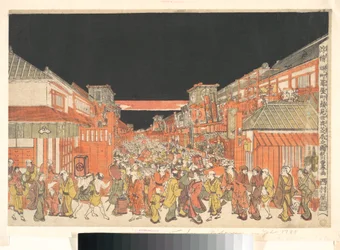 Perspectiefprent (Uki-e) van de theaters in Sakaichō en Fukiyachō op de openingsavond