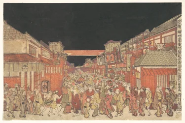 Gezicht op een kaomise-voorstelling in het Yoshibai-theater in Sakaichō Fukiyachō