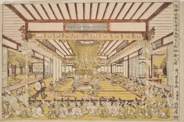 Plechtige ceremonie in de grote zaal / Uki-e Ise Daijingu Ryosho Daidai Mi-kagura no zu