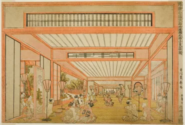 Uitzichten van ontvangstruimtes in Japan - Vermaak op de dag van de rat in moderne stijl (Uki-e wakoku keiseki ozashiki imayo ne no hi no asobi no zu)
