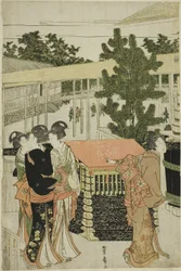 Nieuwjaarsbedevaart naar de Myohoji-tempel in Horinouchi (Horinouchi Myohoji eho mairi no zu)