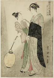 Komachi het hof maken (Kayoi Komachi), uit de serie Zeven modieuze figuren van Ono no Komachi (Furyu nana Komachi yatushi sugata-e), ca. 1792 (kleurenhoutsnede; oban)