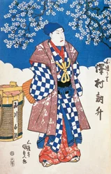 Japanse acteur in kimono met achtergrond versierd met appelbloesems, door Utagawa Toyokuni, houtsnede