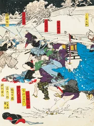 De slag in de sneeuw, Samurai verdedigen een Japans fort, houtsnede