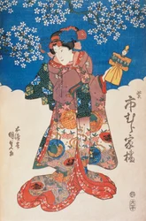 Vrouw in kimono met pop en achtergrond versierd met appelbloesems