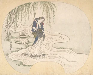 Een vrouw staat op een rots in een stroom en wast kleren, ca. 1828
