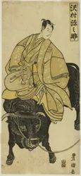 Acteur Sawamura Gennosuke rijdt op os als Sugawara no Michizane
