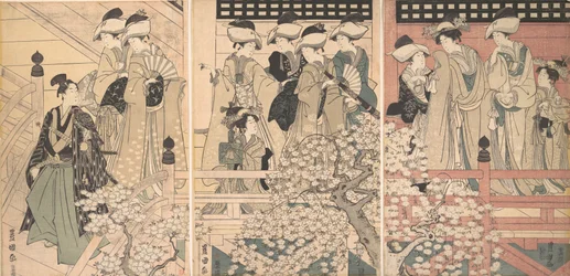 Schoonheden op een veranda tussen kersenbloesems vanwaar een samoerai vertrekt, ca. 1800