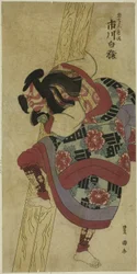 De acteur Ichikawa Hakuen als Akushichibyoe Kagekiyo in het stuk "Hatsumonbi Yosooi Soga," uitgevoerd in het Kawarazaki Theater in de eerste maand, 1802