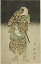 De acteur Kataoka Nizaemon VII als Iyo no Taro vermomd als Bantaro in het toneelstuk "Seiwa Nidai Oyose Genji," opgevoerd in het Miyako Theater in de elfde maand, 1796
