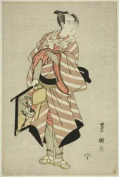 De acteur Sawamura Sojuro III als de pakpaard-man Muchizo in het stuk "Miyamairi Musubi no Kamigaki," uitgevoerd in het Kiri Theater in de elfde maand, 1797