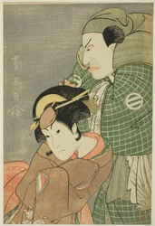 De acteurs Kataoka Nizaemon VII als Iyo no Taro en Iwai Hanshiro IV als Kojoro-gitsune van Okazaki in het stuk "Seiwa Nidai Oyose Genji," uitgevoerd in het Miyako Theater in de elfde maand, 1796
