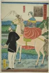 Engelsman kijkt naar dalende ganzen bij Yoshida-brug (Yoshida-bashi no rakugan, Igirisujin), uit de serie "Acht uitzichten van Yokohama in de provincie Musashino (Bushu Yokohama hakkei no uchi)"