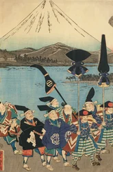 Het gevolg van de Daimyo voor de berg Fuji