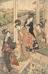 Groep vrouwen op de Engawa van een landhuis, in de tijd van de kersenbloesem, ca. 1806