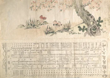 Mandarijneenden in een lentelandschap: Programma voor een Jururui-uitvoering, ca. 1807
