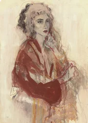 Peinzende vrouw in het rood