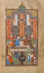Paleisscène in een Tuhfat al-Ahrar (Geschenk van de vrijen) Bukhara, Oezbekistan, Oezbeekse periode, ca. 1540