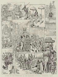 Scènes in de processie tijdens het Mohurrum Festival, Hyderabad, India