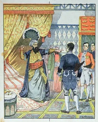 De dey van Algiers, Hussein ibn El Hussein, slaat de Franse ambassadeur M. Deval met een waaier, 27 april 1827, omslag van een schoolboek, 1891